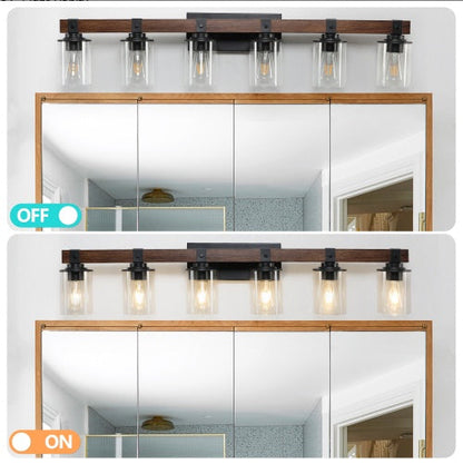 42 Rustic 6-Light Vanity Light, Industrial Bathroom Wall Sconce With Glass Shades And Wood Accent