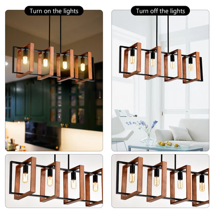 4 Bulb Pendant Light Rustic Wood And Black Metal