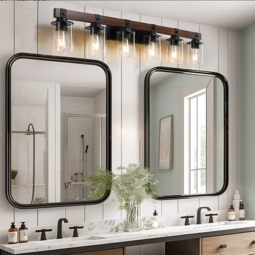 42 Rustic 6-Light Vanity Light, Industrial Bathroom Wall Sconce With Glass Shades And Wood Accent