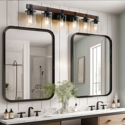 42 Rustic 6-Light Vanity Light, Industrial Bathroom Wall Sconce With Glass Shades And Wood Accent