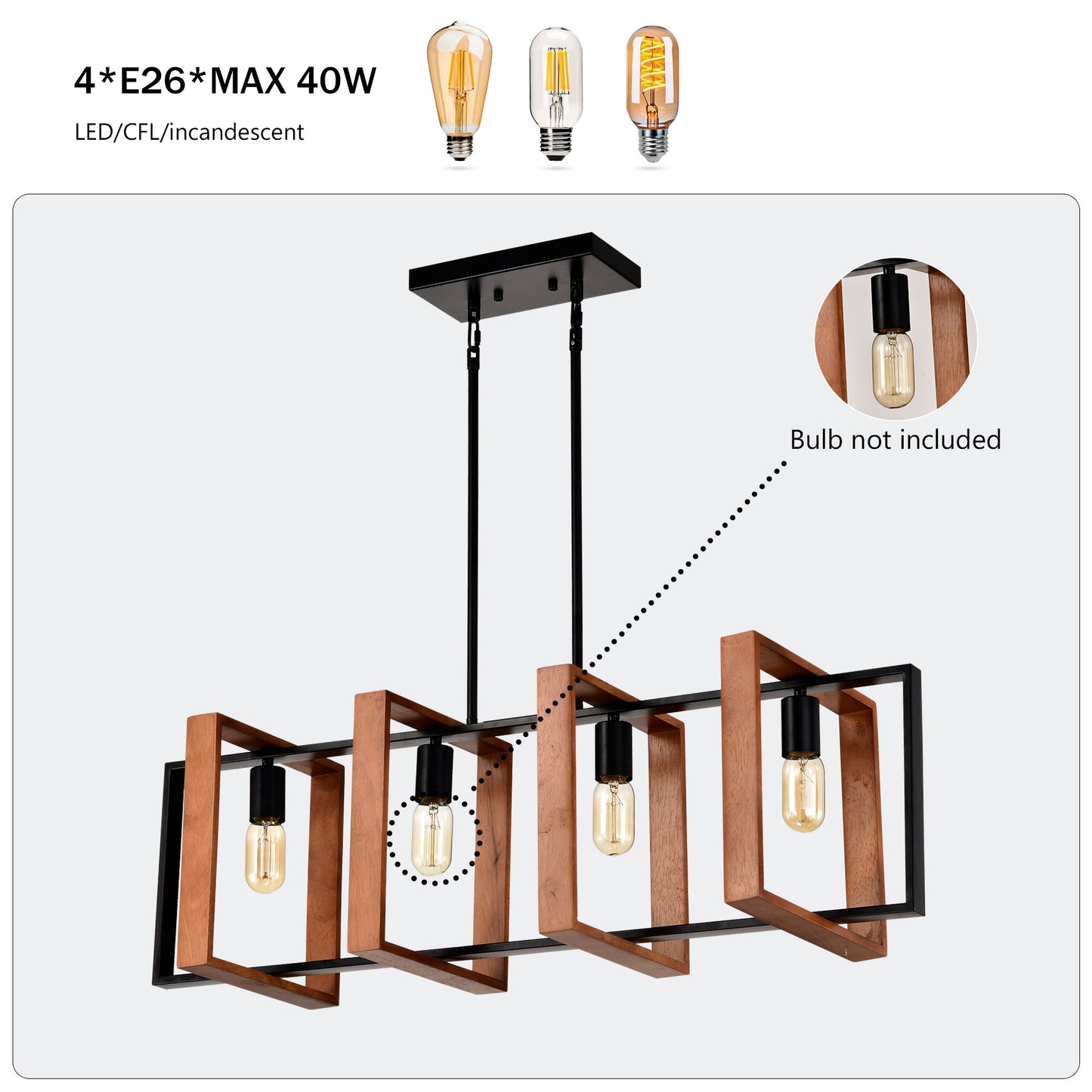 4 Bulb Pendant Light Rustic Wood And Black Metal