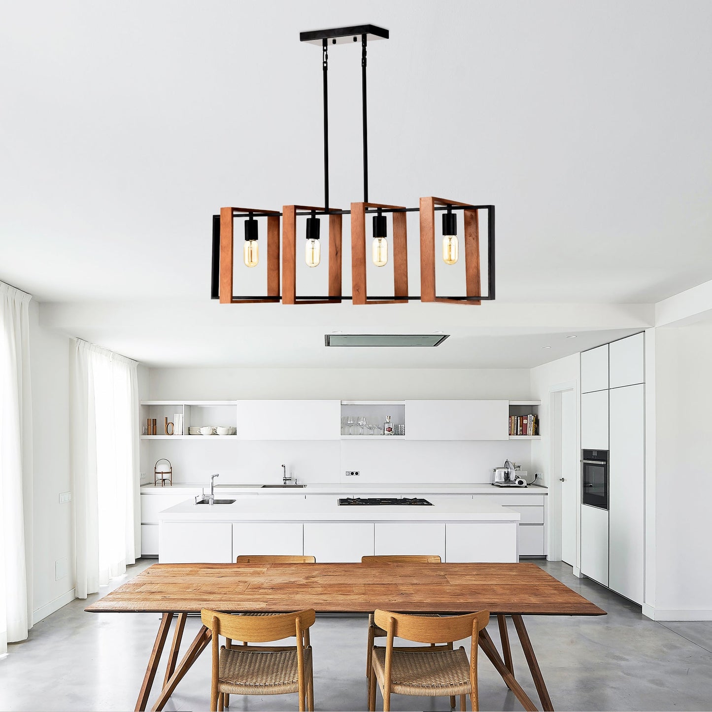 4 Bulb Pendant Light Rustic Wood And Black Metal