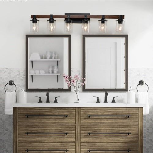 42 Rustic 6-Light Vanity Light, Industrial Bathroom Wall Sconce With Glass Shades And Wood Accent