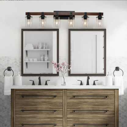42 Rustic 6-Light Vanity Light, Industrial Bathroom Wall Sconce With Glass Shades And Wood Accent