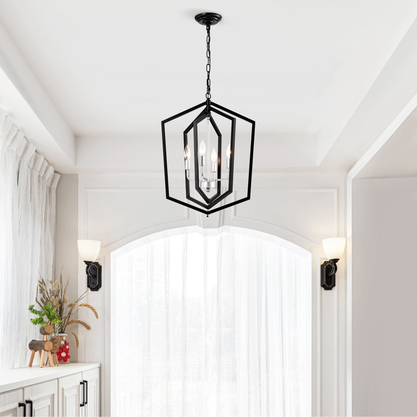 4-Light Kitchen Chandeliers, Matte Black And Sliver Vintage Rustic Cage Light Fixture