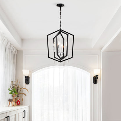 4-Light Kitchen Chandeliers, Matte Black And Sliver Vintage Rustic Cage Light Fixture