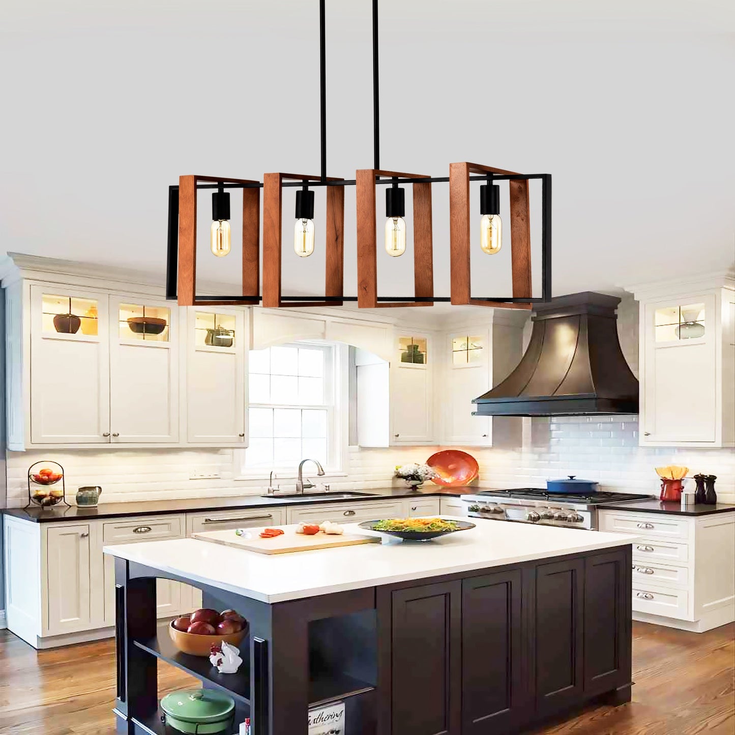 4 Bulb Pendant Light Rustic Wood And Black Metal