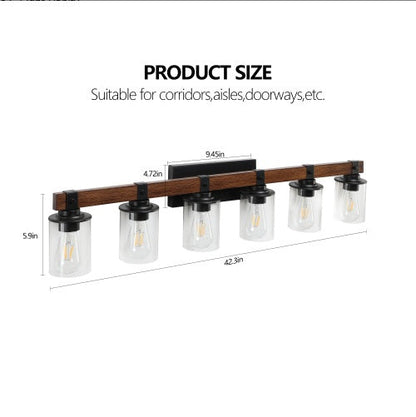 42 Rustic 6-Light Vanity Light, Industrial Bathroom Wall Sconce With Glass Shades And Wood Accent