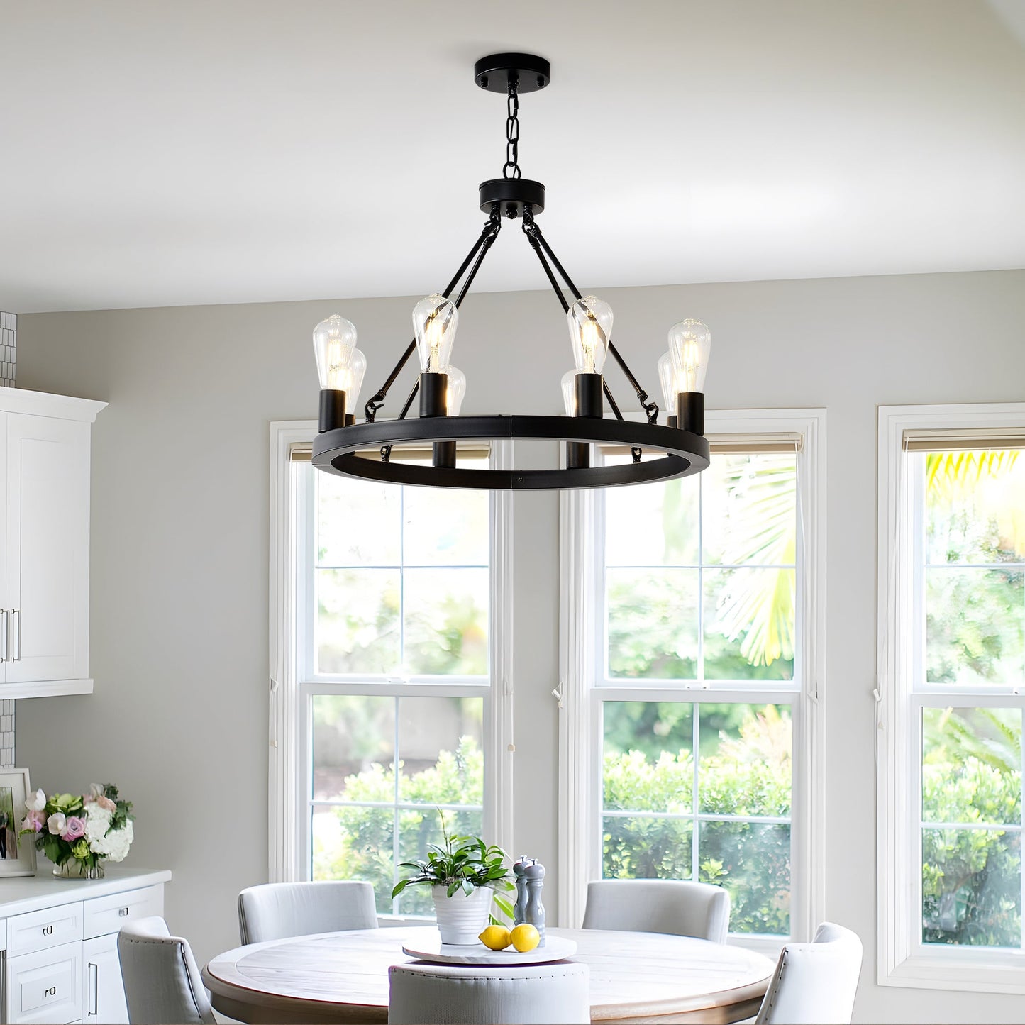 8-Light Matte Black Wagon Wheel Chandelier