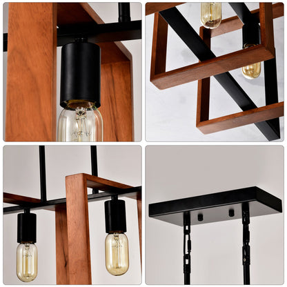 4 Bulb Pendant Light Rustic Wood And Black Metal
