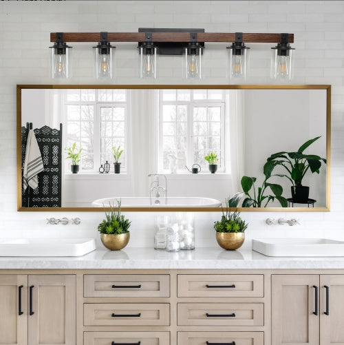42 Rustic 6-Light Vanity Light, Industrial Bathroom Wall Sconce With Glass Shades And Wood Accent