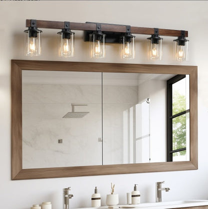 42 Rustic 6-Light Vanity Light, Industrial Bathroom Wall Sconce With Glass Shades And Wood Accent