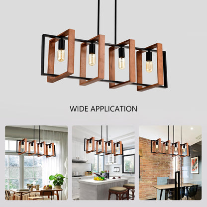 4 Bulb Pendant Light Rustic Wood And Black Metal