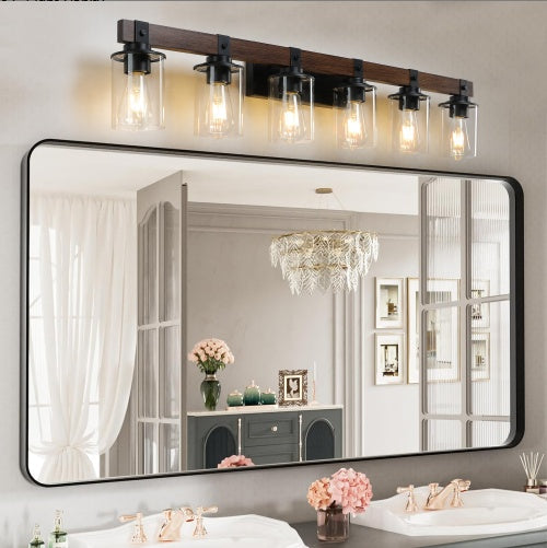 42 Rustic 6-Light Vanity Light, Industrial Bathroom Wall Sconce With Glass Shades And Wood Accent