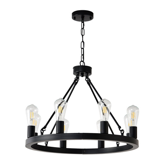 8-Light Matte Black Wagon Wheel Chandelier