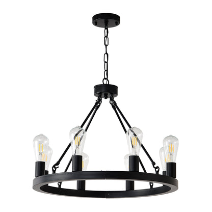 8-Light Matte Black Wagon Wheel Chandelier