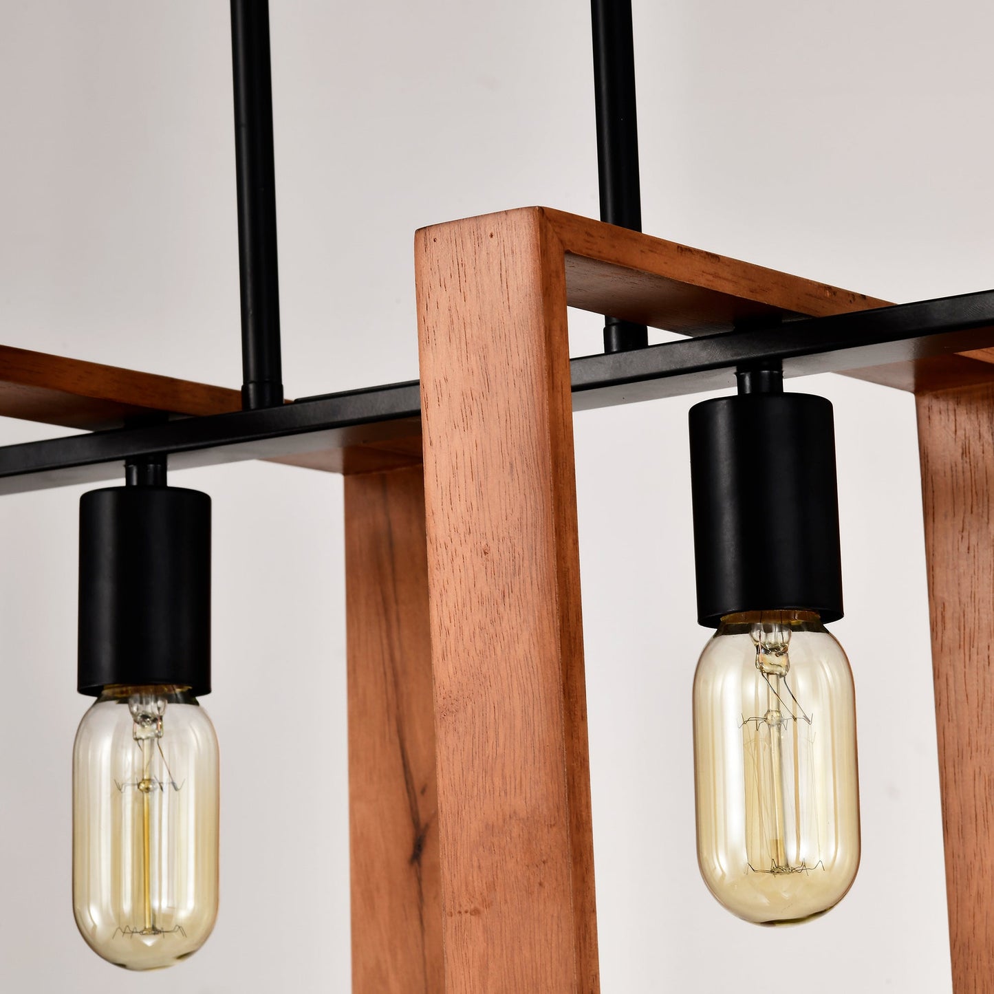 4 Bulb Pendant Light Rustic Wood And Black Metal