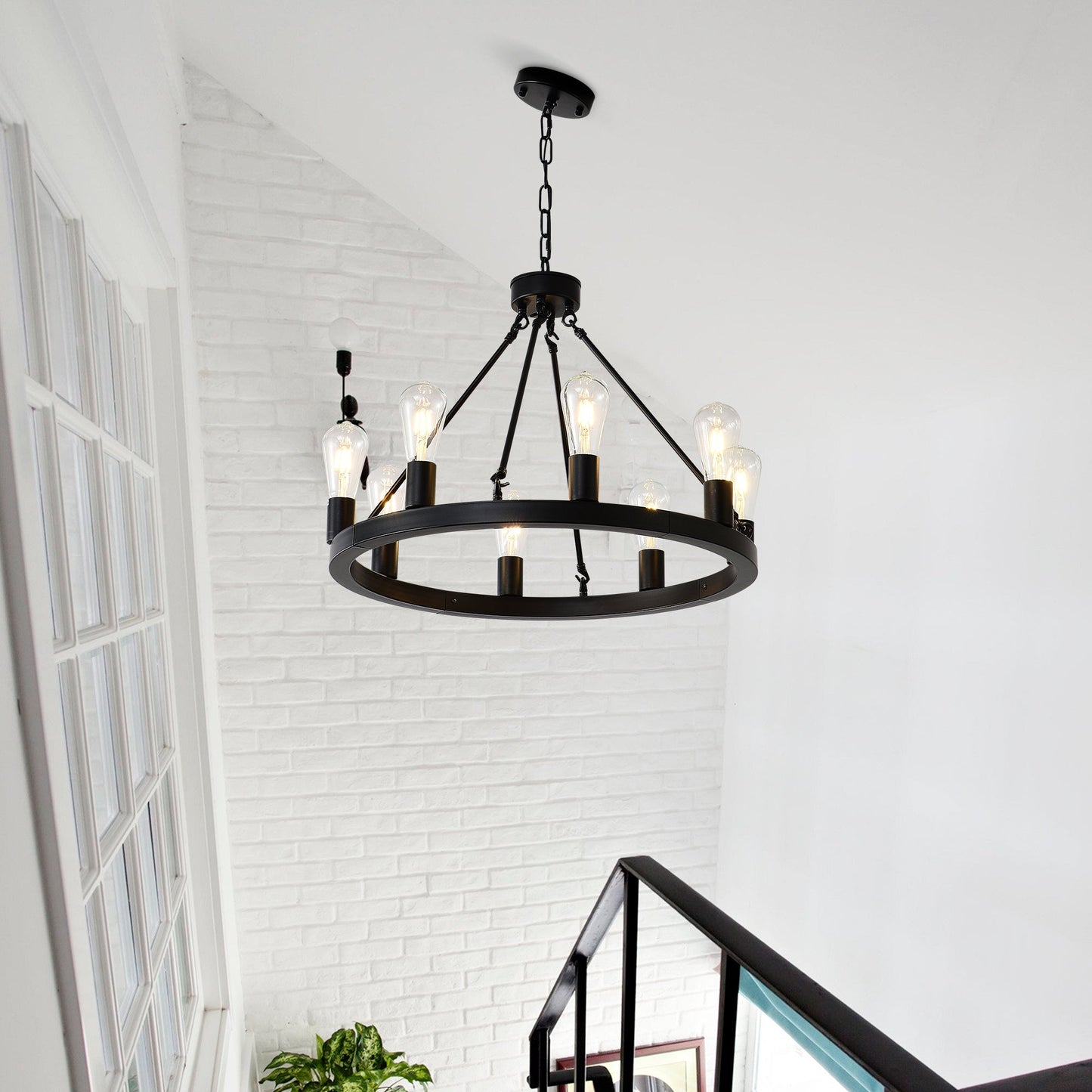 8-Light Matte Black Wagon Wheel Chandelier