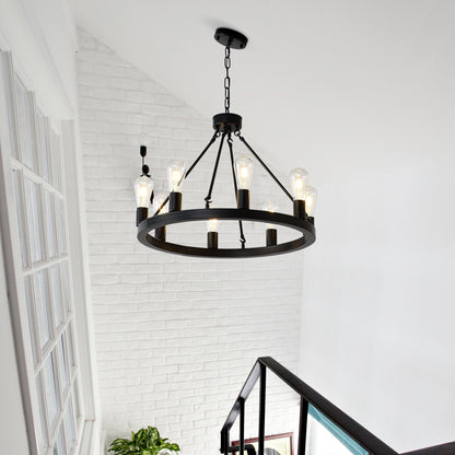 8-Light Matte Black Wagon Wheel Chandelier