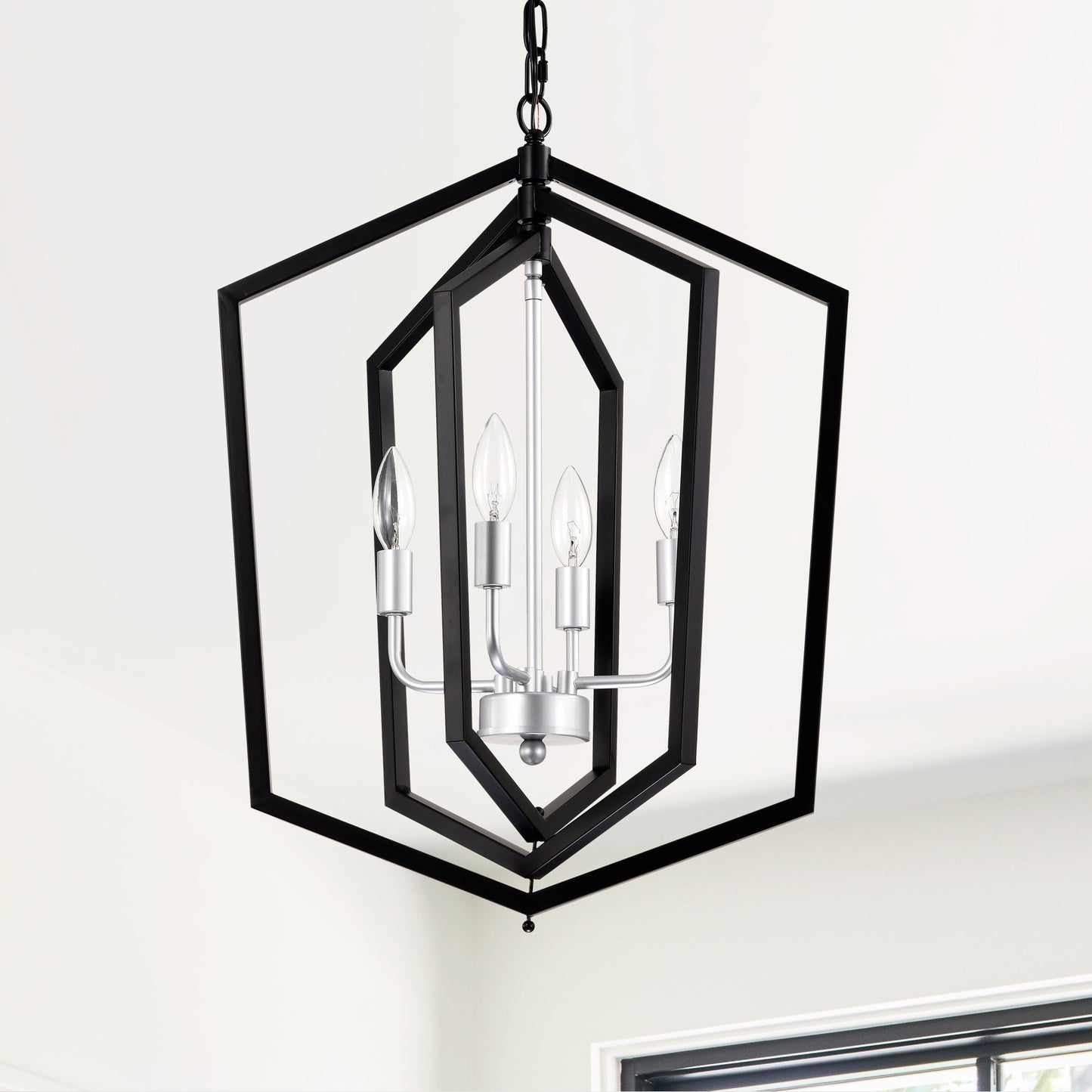 4-Light Kitchen Chandeliers, Matte Black And Sliver Vintage Rustic Cage Light Fixture