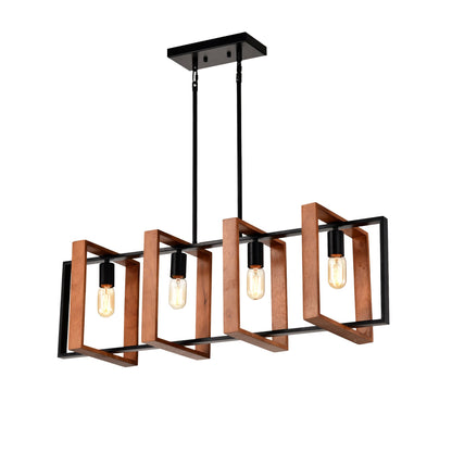 4 Bulb Pendant Light Rustic Wood And Black Metal