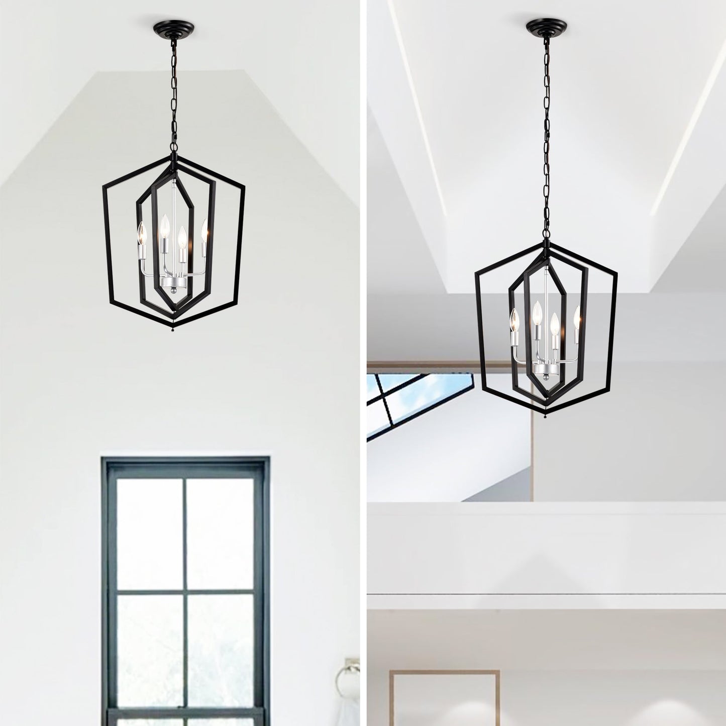 4-Light Kitchen Chandeliers, Matte Black And Sliver Vintage Rustic Cage Light Fixture