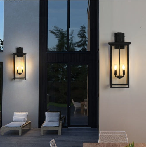 Modern Outdoor Wall Lanterns With Black Metal Frame And Clear Glass