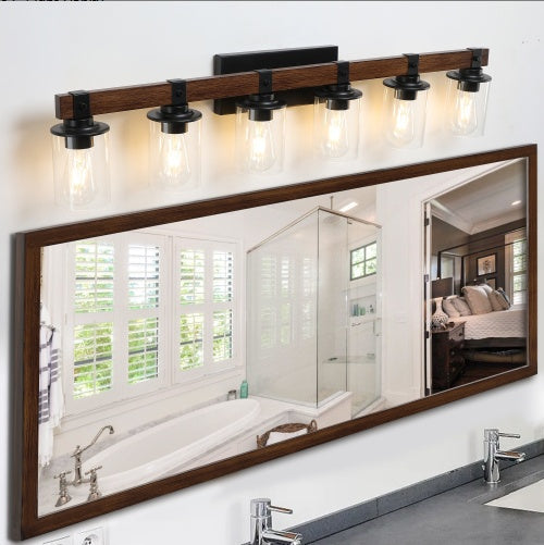 42 Rustic 6-Light Vanity Light, Industrial Bathroom Wall Sconce With Glass Shades And Wood Accent