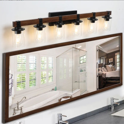 42 Rustic 6-Light Vanity Light, Industrial Bathroom Wall Sconce With Glass Shades And Wood Accent