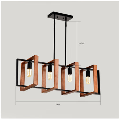 4 Bulb Pendant Light Rustic Wood And Black Metal